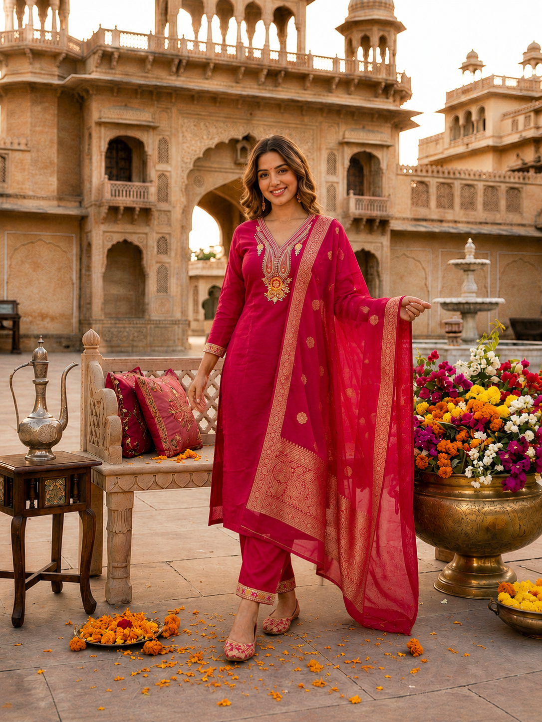 Apolyte Women's Rani Pink Roman Silk Embroidered Kurta Pant Set with Cotton Silk Zari Dupatta | Party & Festive Wear