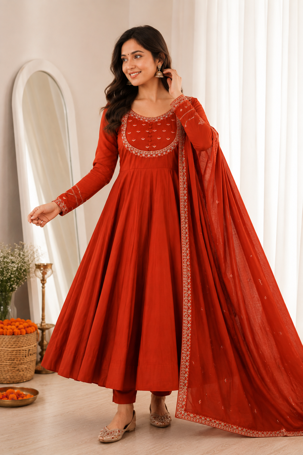 Apolyte Women's Pure Roman Silk Chanderi Anarkali Suit Set with Dupatta & Pant | Wedding, Festive & Party Wear