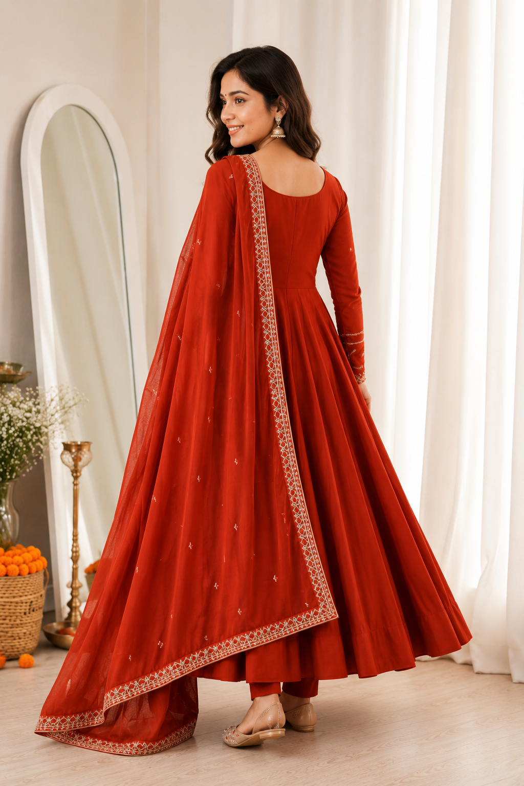 Apolyte Women's Pure Roman Silk Chanderi Anarkali Suit Set with Dupatta & Pant | Wedding, Festive & Party Wear
