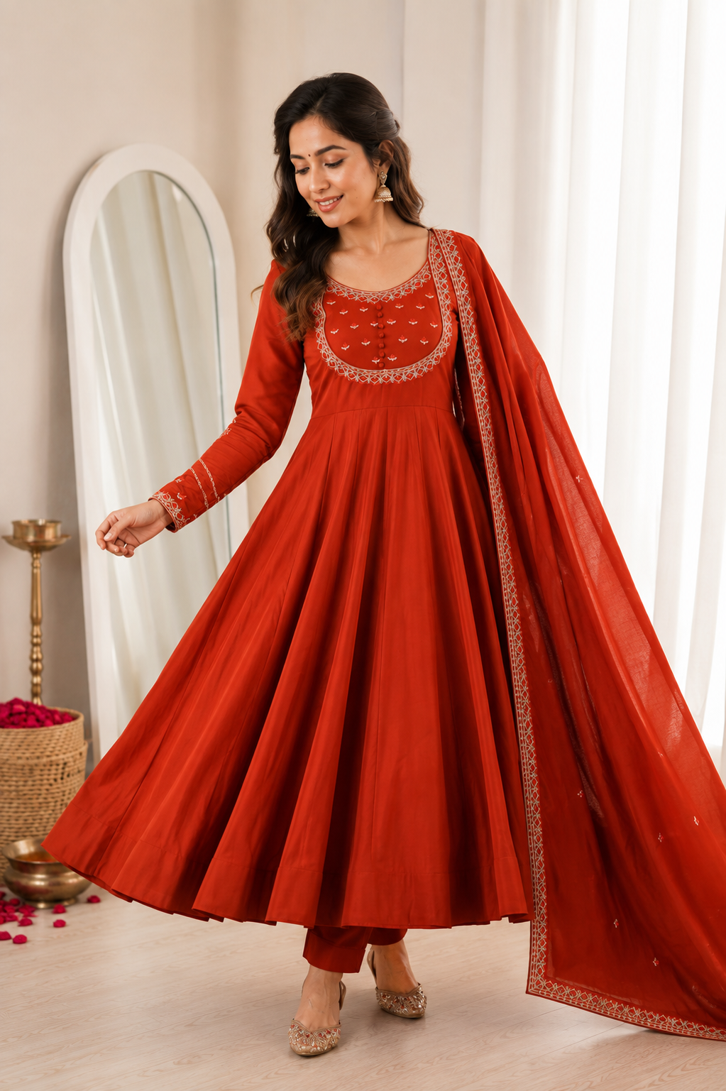 Apolyte Women's Pure Roman Silk Chanderi Anarkali Suit Set with Dupatta & Pant | Wedding, Festive & Party Wear
