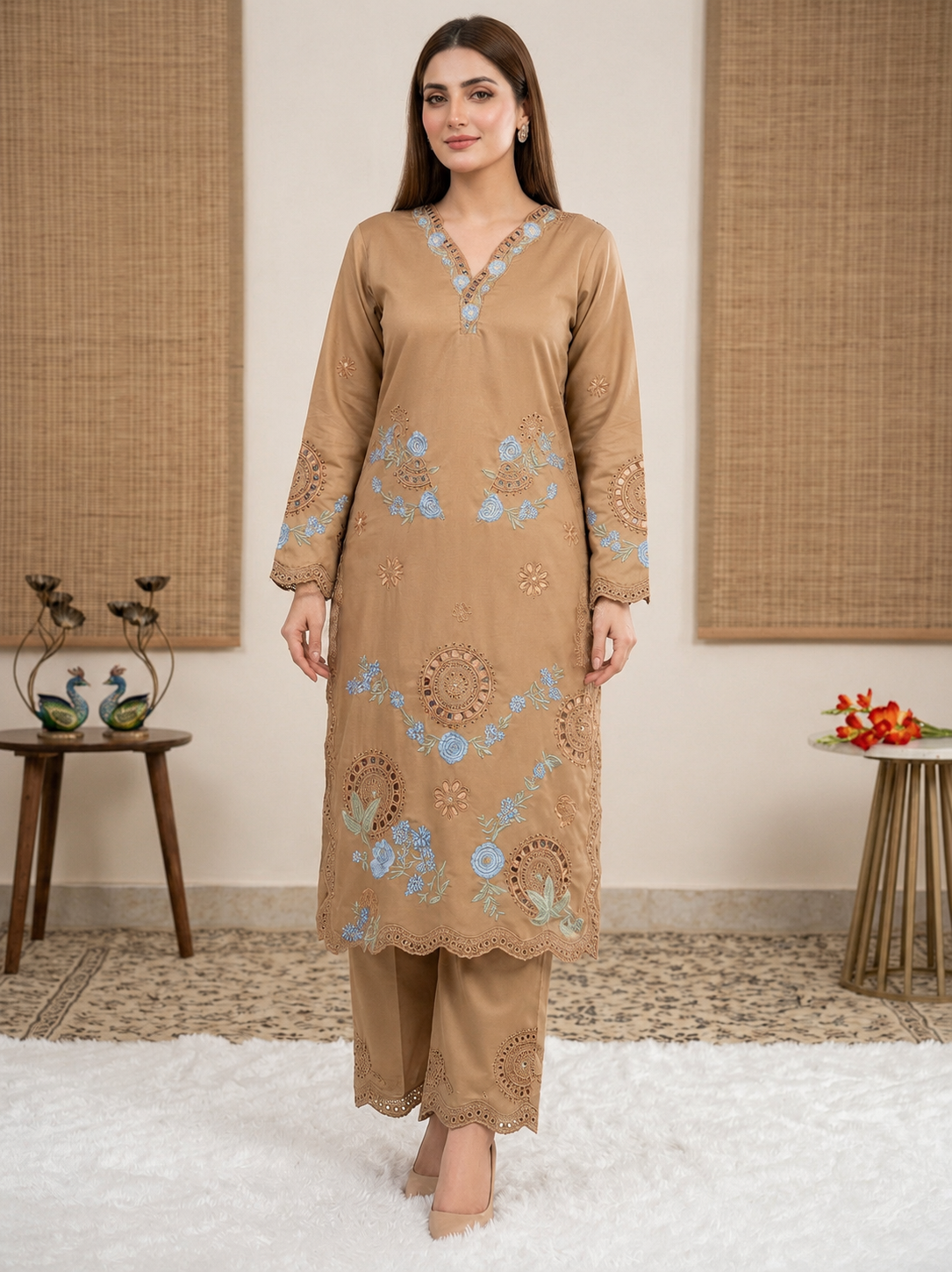 Apolyte Women's Heavy Roman Embroidered Kurta Pant Set with Organza Silk Dupatta | Designer Party & Wedding Wear
