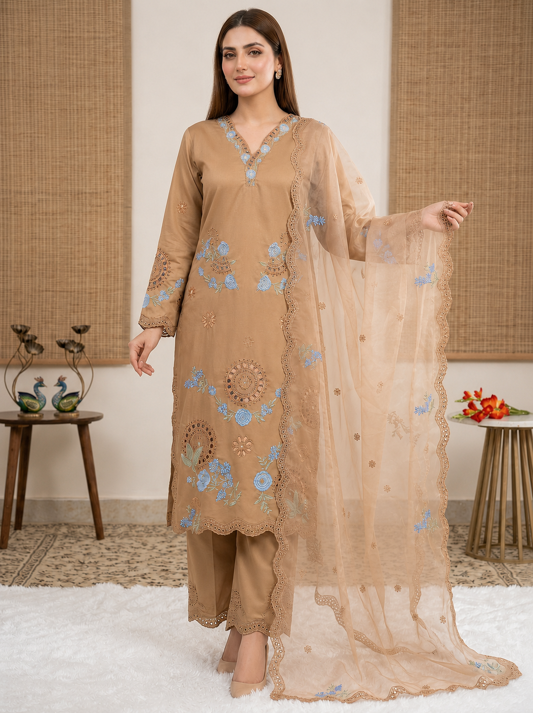 Apolyte Women's Heavy Roman Embroidered Kurta Pant Set with Organza Silk Dupatta | Designer Party & Wedding Wear