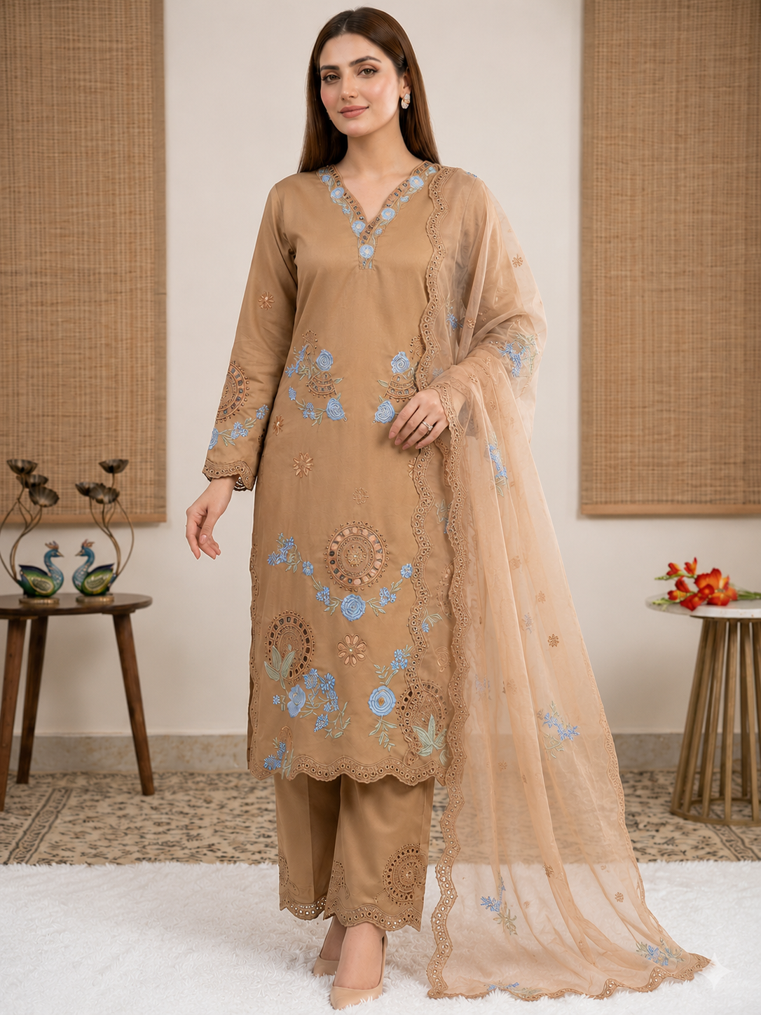 Apolyte Women's Heavy Roman Embroidered Kurta Pant Set with Organza Silk Dupatta | Designer Party & Wedding Wear
