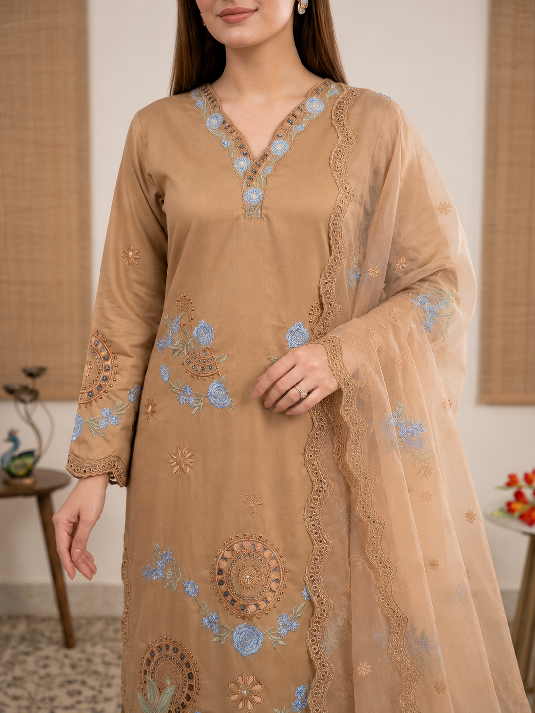 Apolyte Women's Heavy Roman Embroidered Kurta Pant Set with Organza Silk Dupatta | Designer Party & Wedding Wear