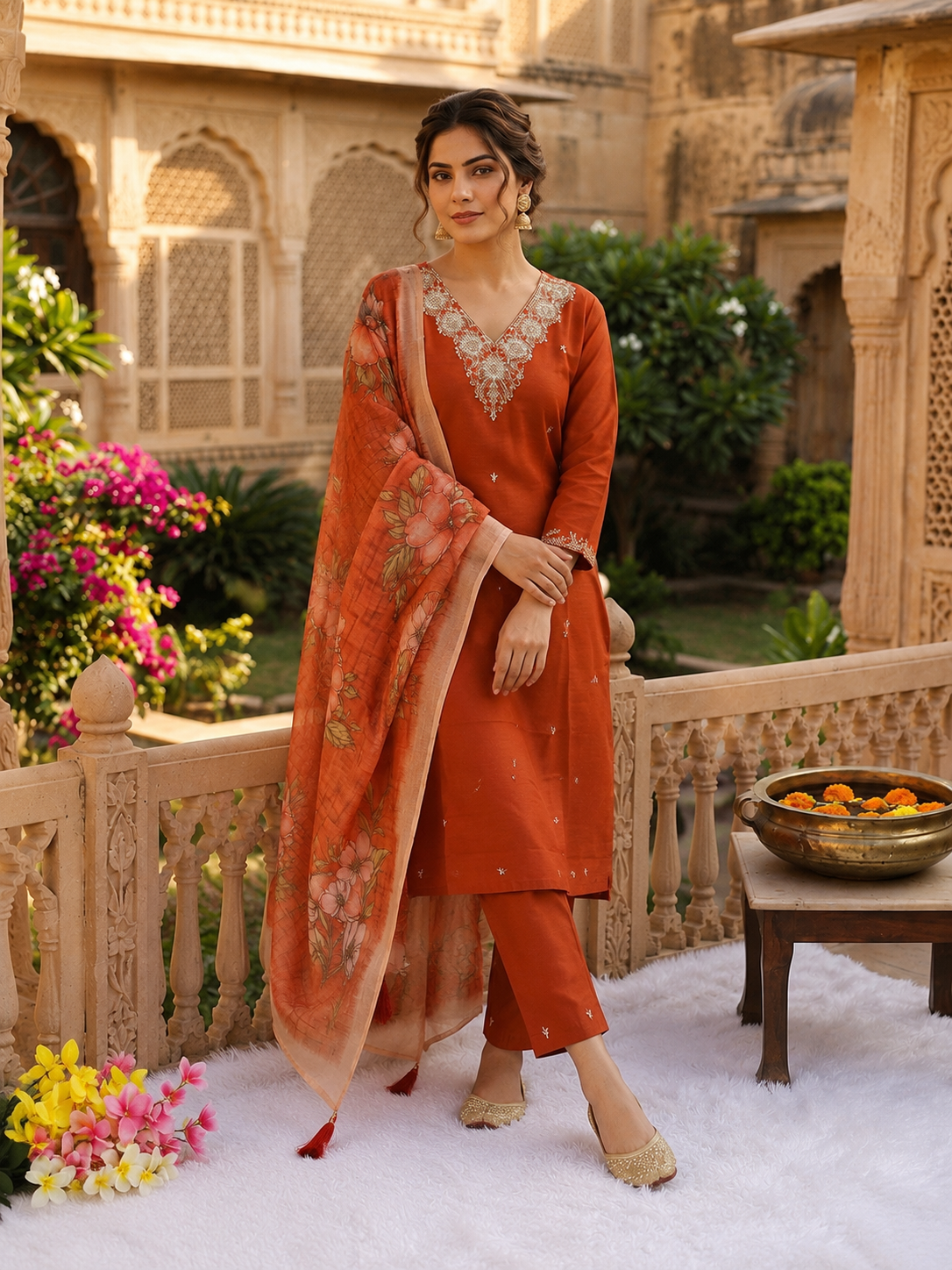 Apolyte Women's Rust Roman Silk Embroidered Kurta Pant Set with Chanderi Dupatta | Party & Festive Wear