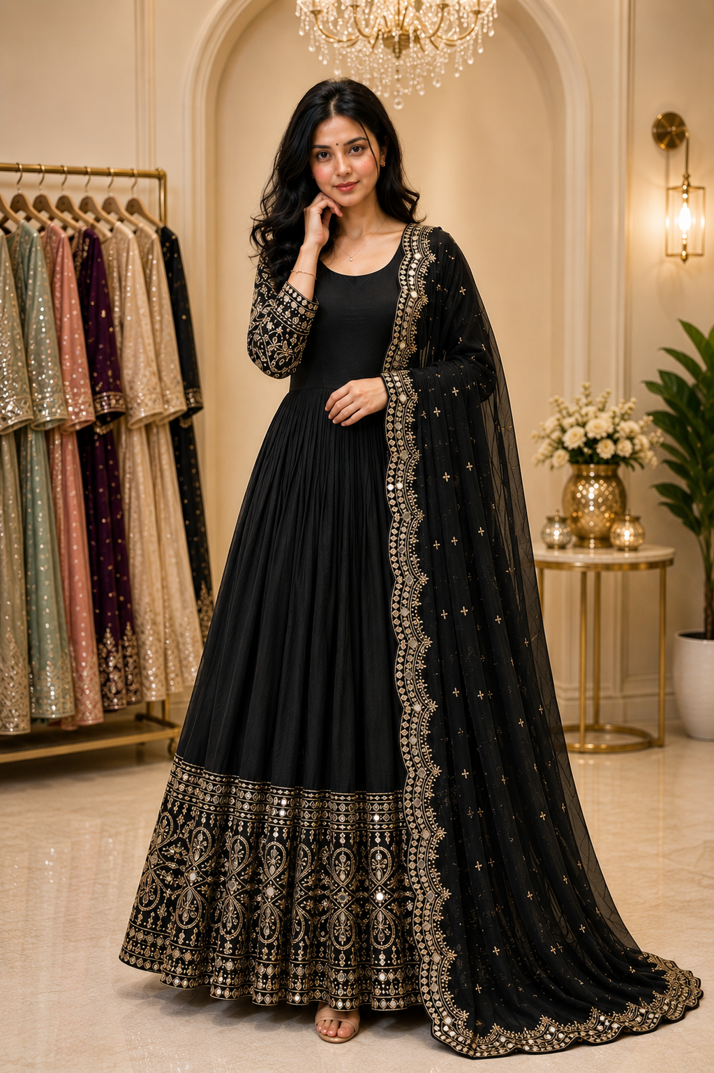 Apolyte Women's Pure Chinon Silk Embroidered Gown Pant Set with Mirror Work Dupatta | Designer Wedding & Party Wear