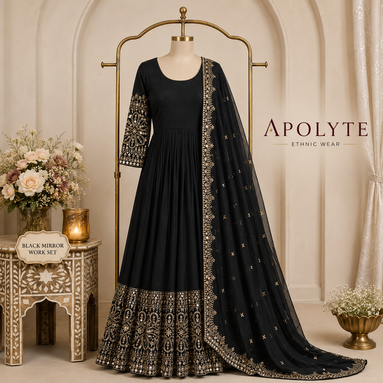 Apolyte Women's Pure Chinon Silk Embroidered Gown Pant Set with Mirror Work Dupatta | Designer Wedding & Party Wear