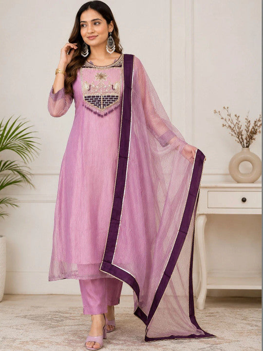 Women’s Pink Embroidered Anarkali Kurta Set with Dupatta