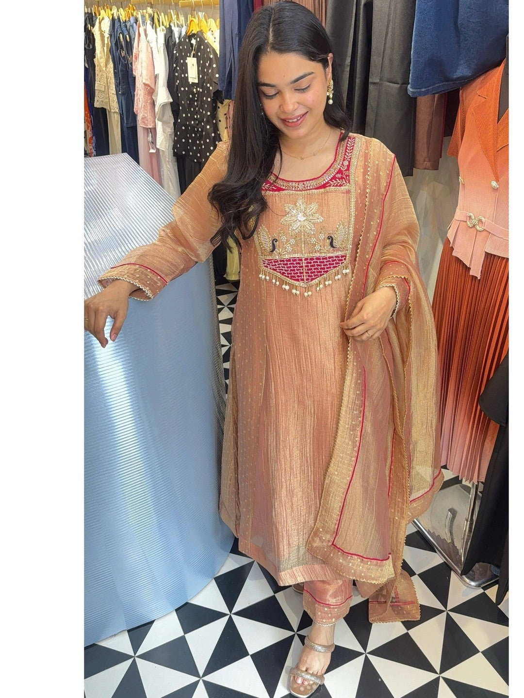 Women’s Dusty Peach Floral Embroidered Pure Silk Kurta Set with Trousers & Dupatta