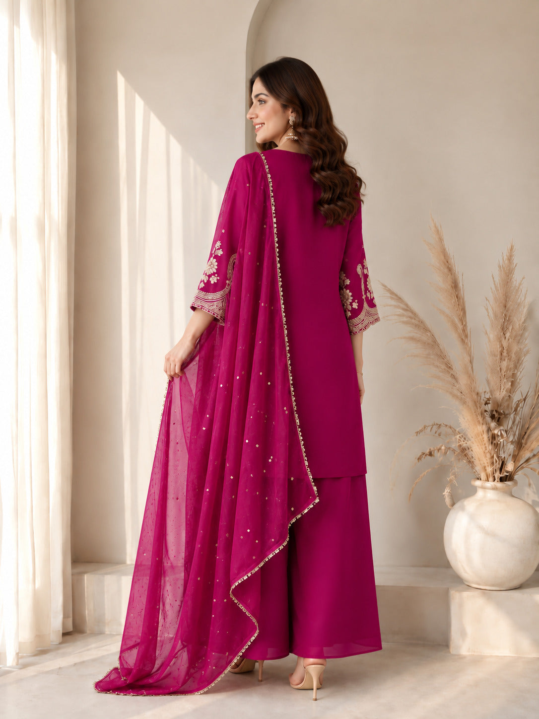 Magenta Embroidered Kurta Palazzo Set with Sequined Dupatta