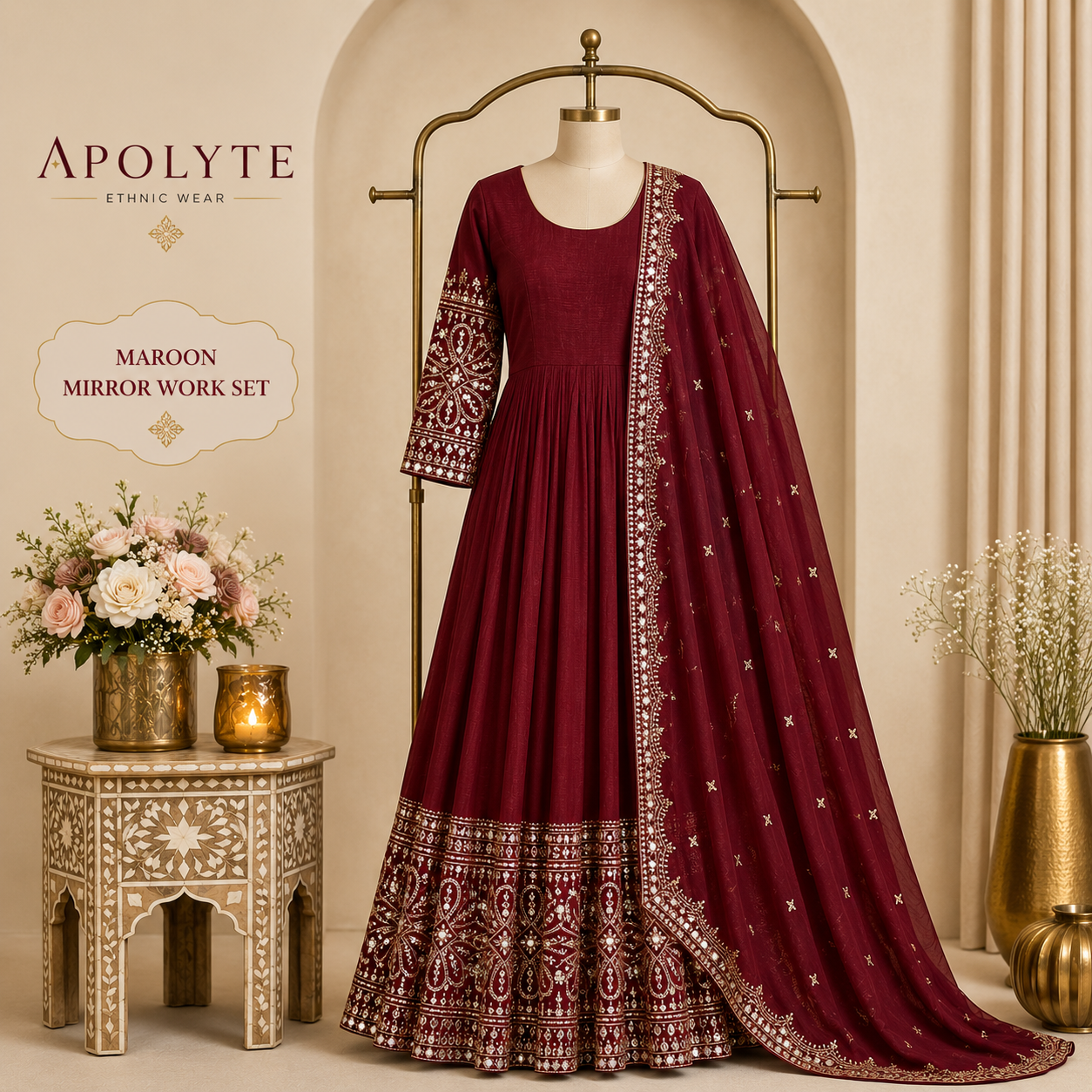 Apolyte Women's Pure Chinon Silk Embroidered Gown Pant Set with Mirror Work Dupatta | Designer Wedding & Party Wear