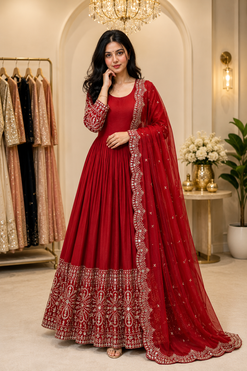 Apolyte Women's Pure Chinon Silk Embroidered Gown Pant Set with Mirror Work Dupatta | Designer Wedding & Party Wear