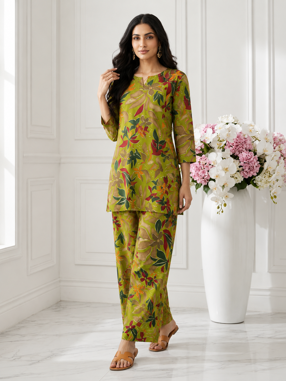 Apolyte Women's Printed Foil Work Rayon Cotton Co-Ord Set with Top & Palazzo - Parrot Green