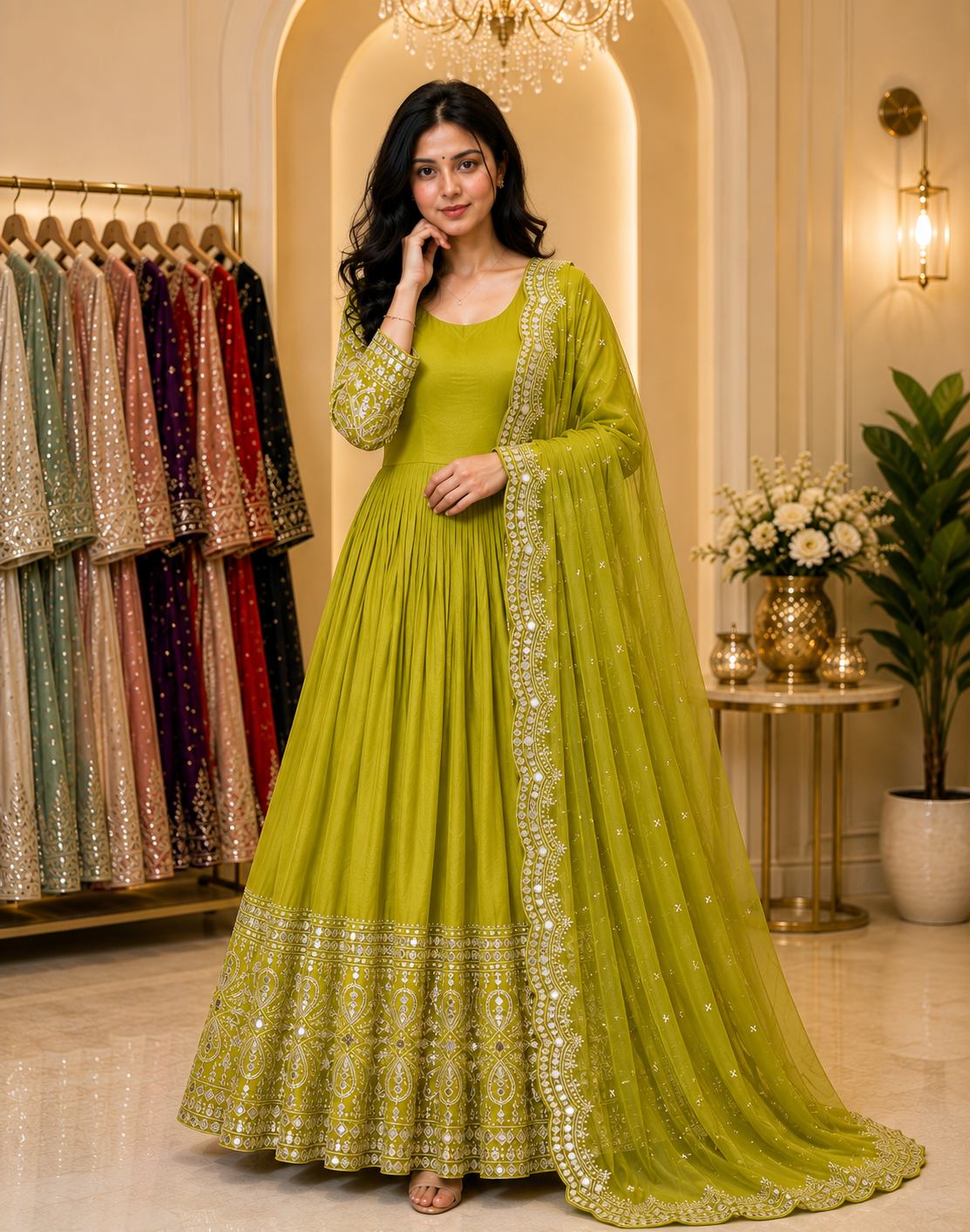 Apolyte Women's Pure Chinon Silk Embroidered Gown Pant Set with Mirror Work Dupatta | Designer Wedding & Party Wear