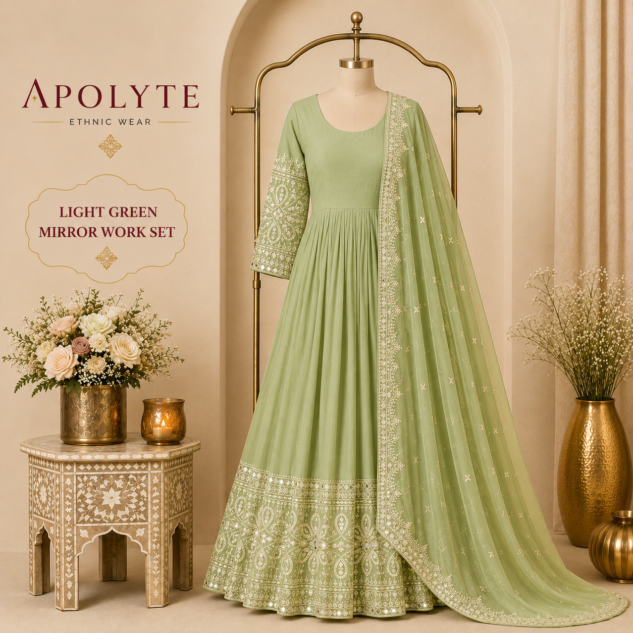 Apolyte Women's Pure Chinon Silk Embroidered Gown Pant Set with Mirror Work Dupatta | Designer Wedding & Party Wear