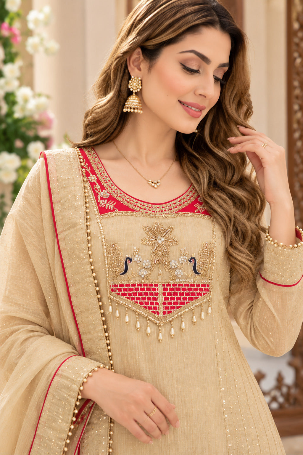 Women’s Beige Embroidered Silk Kurta Set with Dupatta