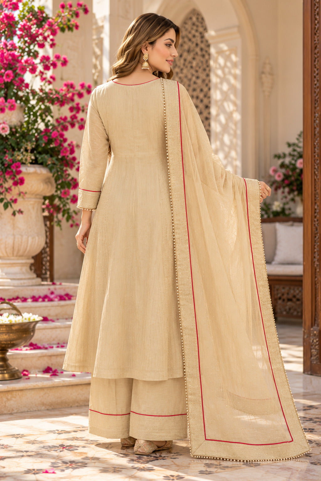 Women’s Beige Embroidered Silk Kurta Set with Dupatta