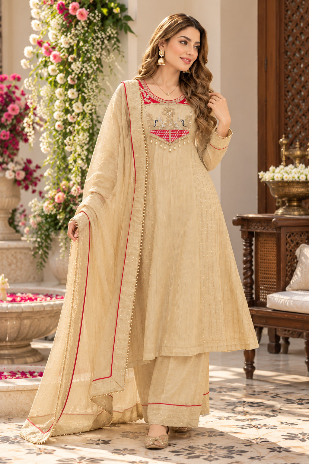 Women’s Beige Embroidered Silk Kurta Set with Dupatta
