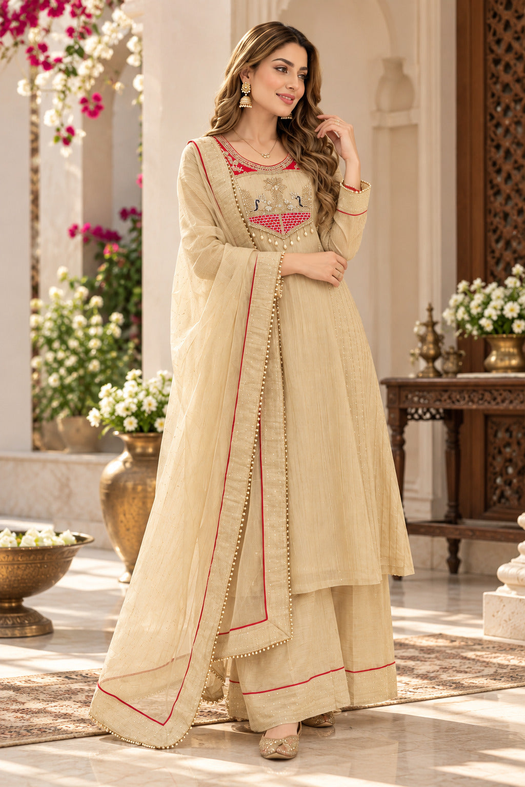 Women’s Beige Embroidered Silk Kurta Set with Dupatta