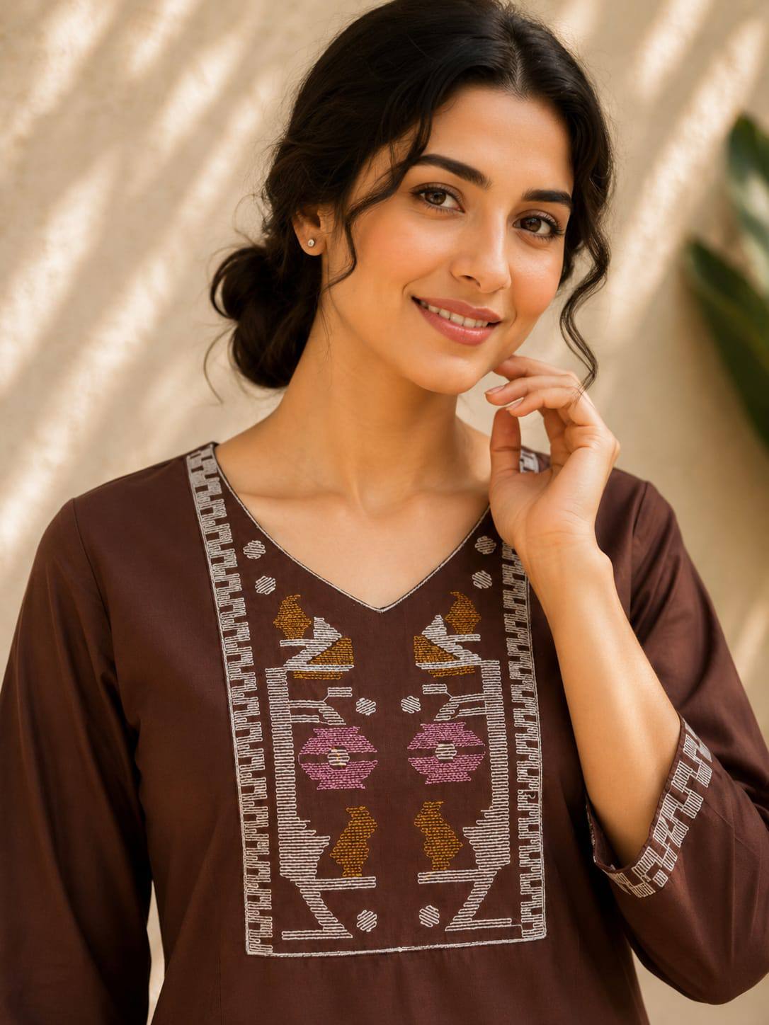 Chocolate Brown Embroidered Dhabu Cotton Kurti Set for Women