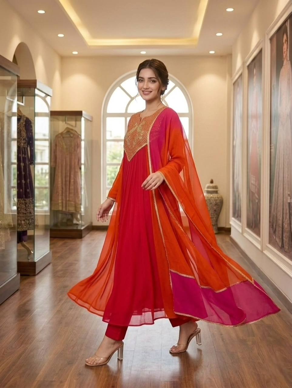 Rani Pink & Orange Embroidered Mul Chanderi Anarkali Kurta Set