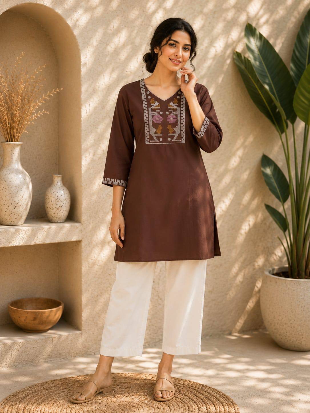 Chocolate Brown Embroidered Dhabu Cotton Kurti Set for Women