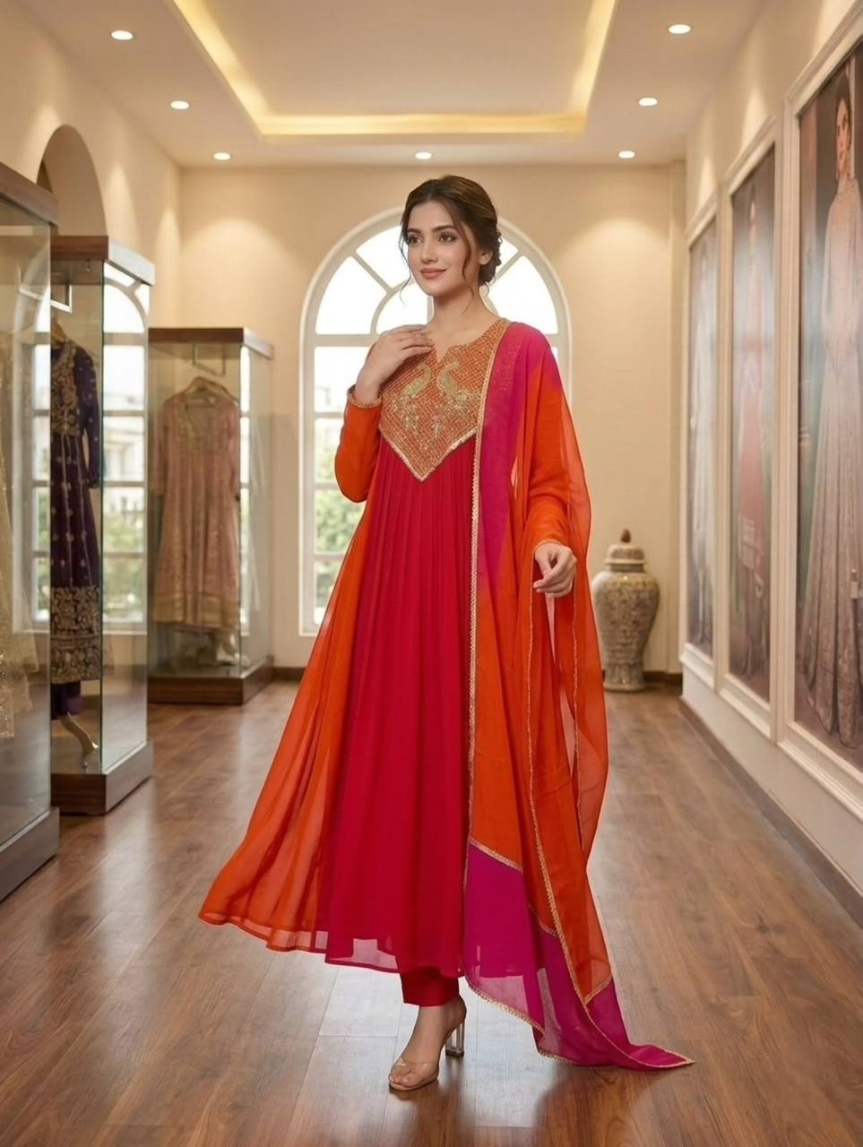 Rani Pink & Orange Embroidered Mul Chanderi Anarkali Kurta Set