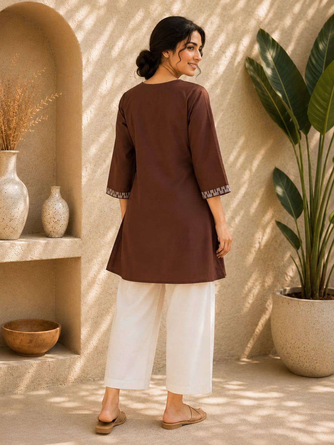 Chocolate Brown Embroidered Dhabu Cotton Kurti Set for Women