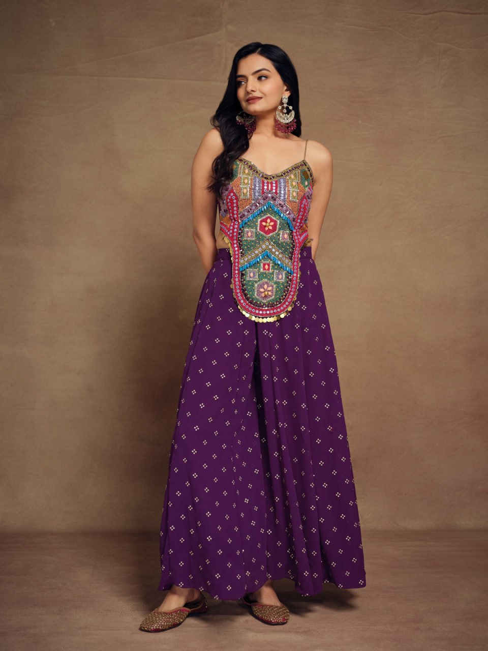 Apolyte Women's Purple Embroidered Georgette Co-Ord Set with Crop Top & Palazzo