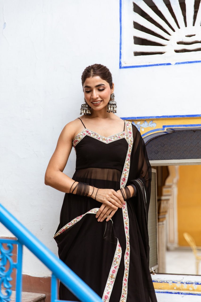 Black Embellished Georgette Flared Kurta Set with Dupatta