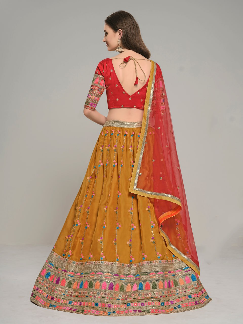 Mustard Embroidered Crepe Lehenga Choli Set with Dupatta