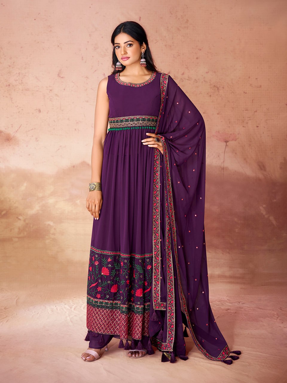 Deep Purple Embroidered Georgette Anarkali Kurta Set with Dupatta