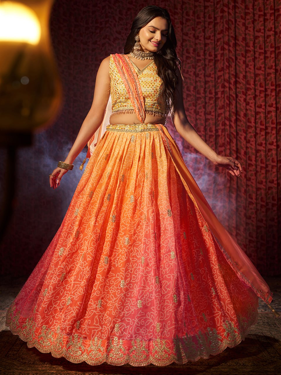 Orange Embroidered Organza Lehenga Choli Set with Pink Dupatta