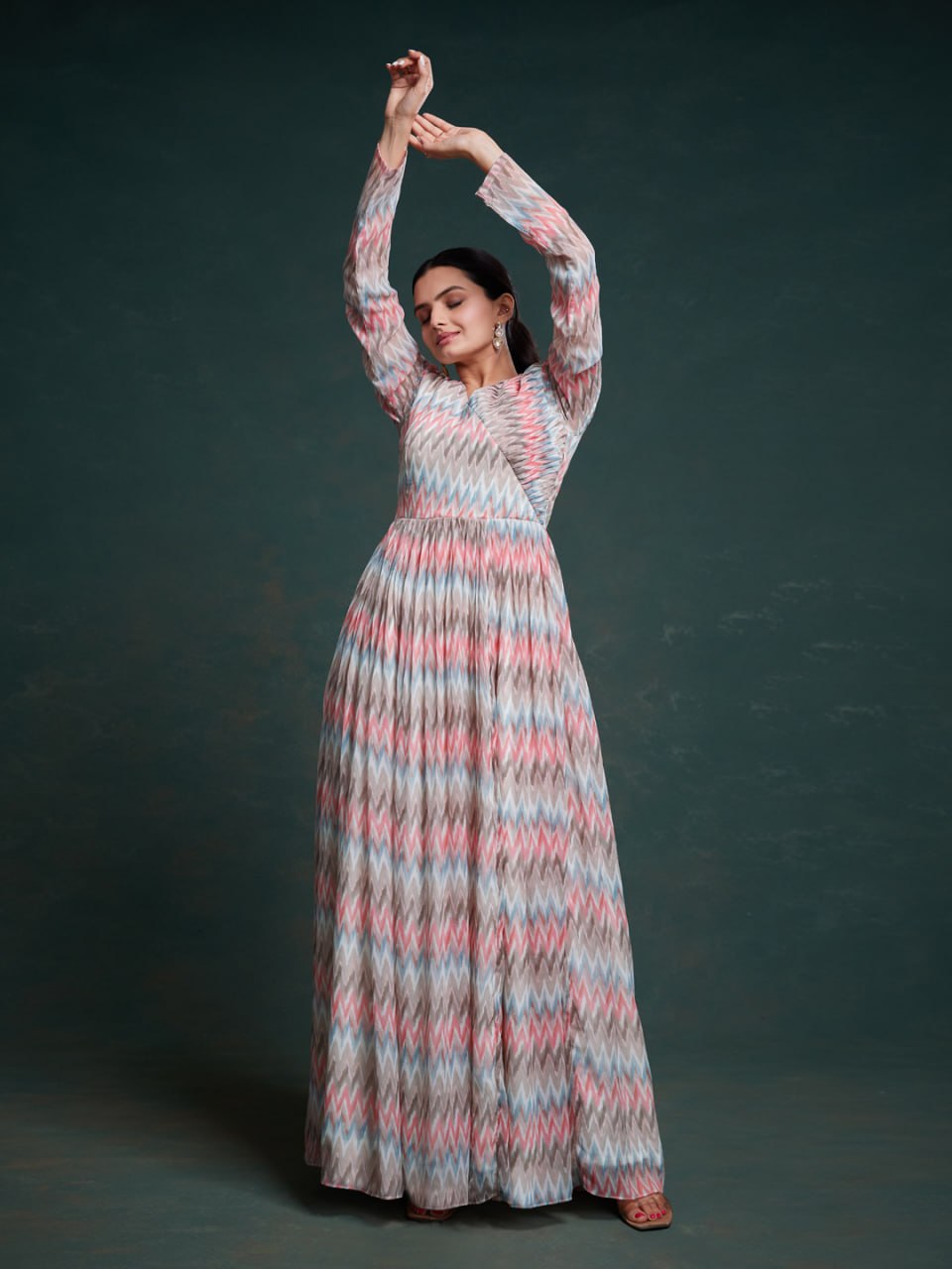 Pastel Chevron Empire Waist Fit and Flare Maxi Dress