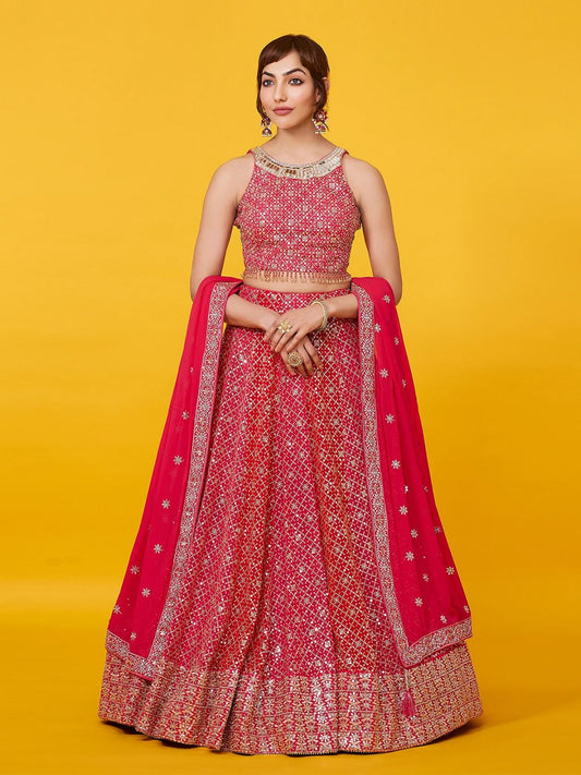 Red Sequined Georgette Lehenga Choli Set with Dupatta