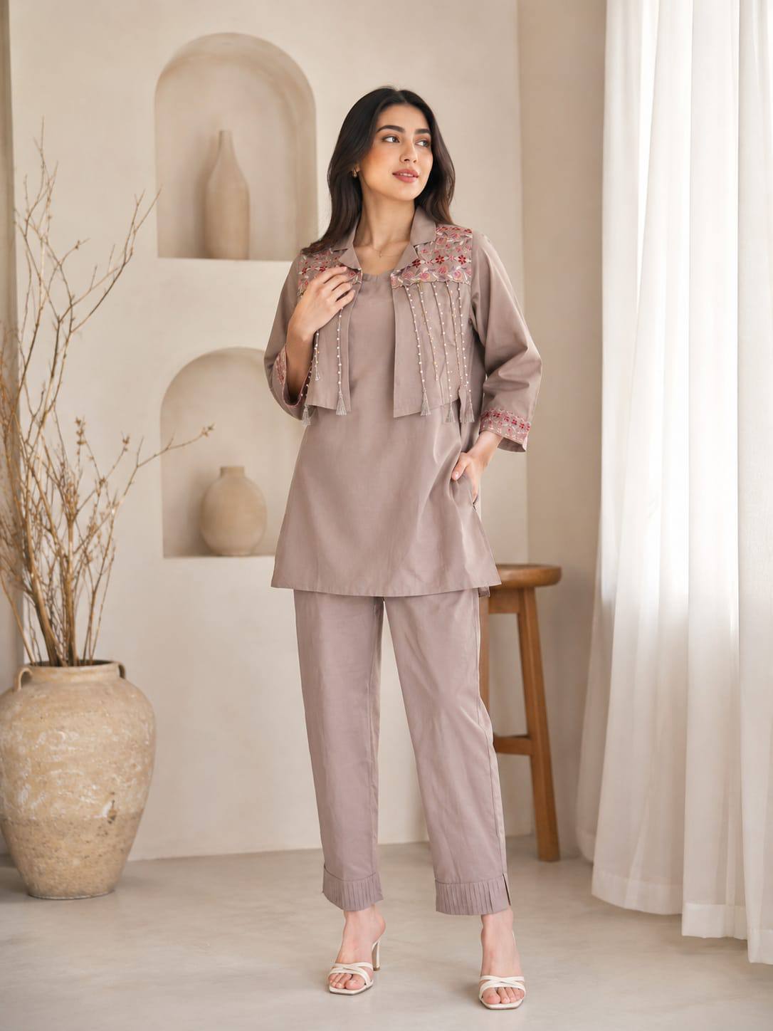 Taupe Embroidered Cotton Co-ord Set with Palazzo