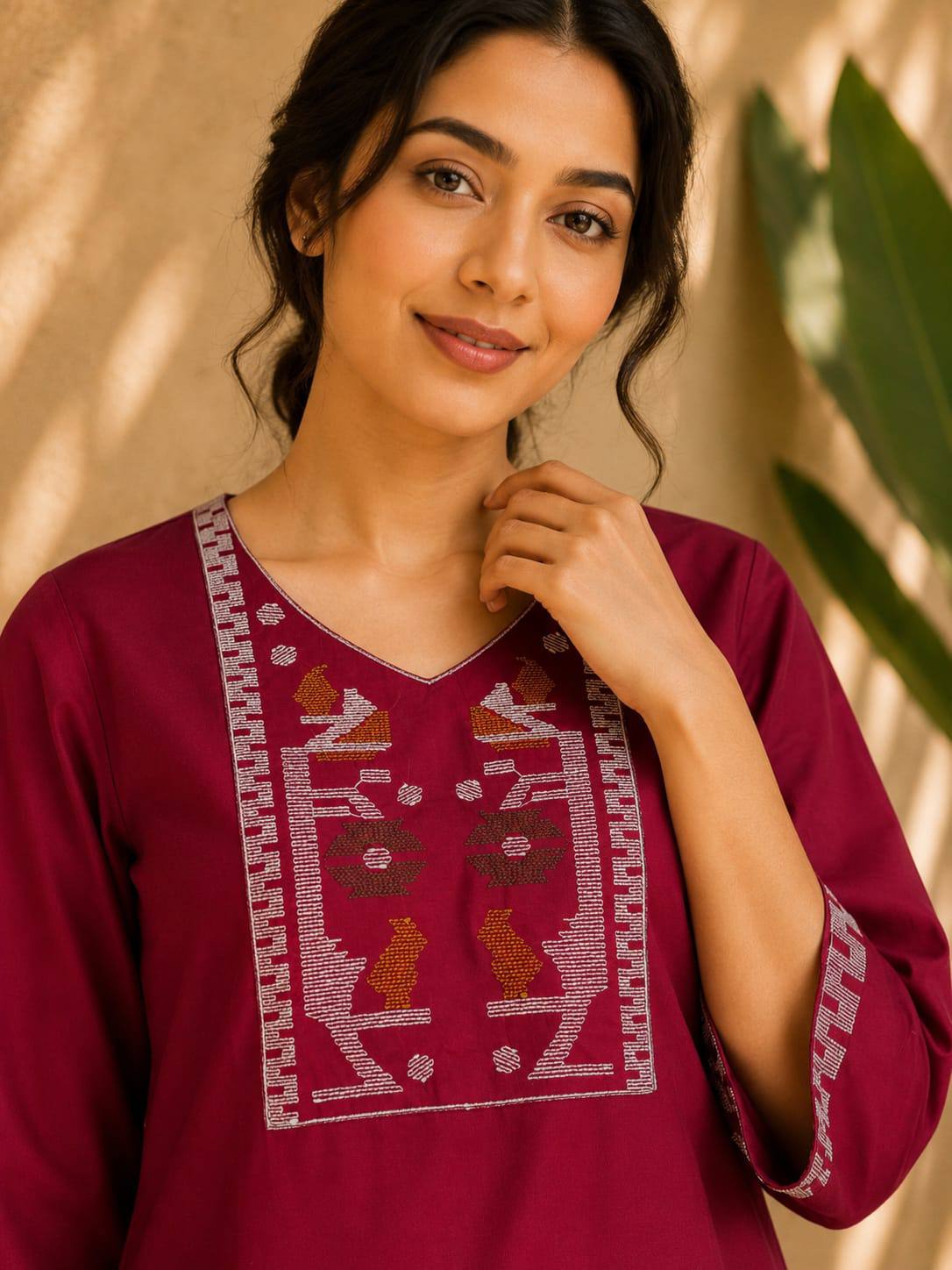 Berry Red Embroidered Dhabu Cotton Kurti Set for Women