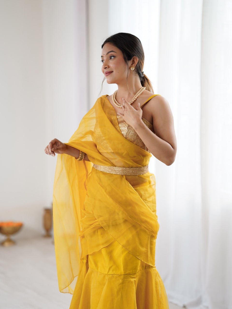 Women's sequined mustard organza saree with belt