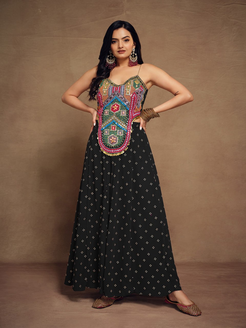 Apolyte Women's Black Embroidered Georgette Co-Ord Set with Crop Top & Palazzo