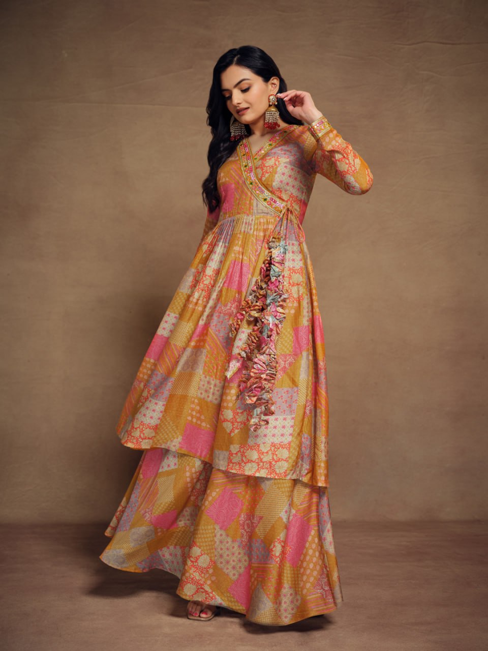 Mustard-Peach Tiered Angrakha Kurta Palazzo Set