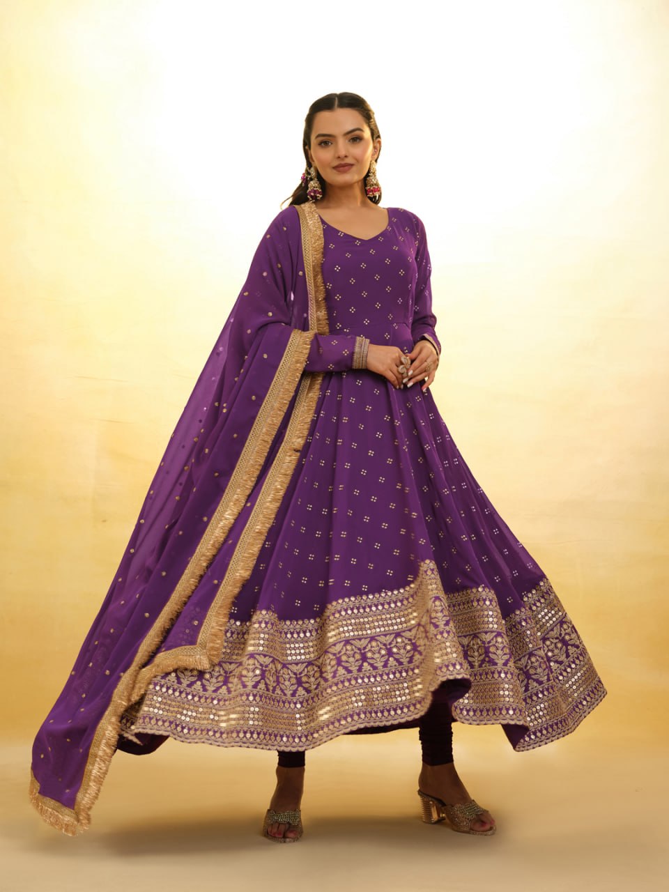 Regal Purple Sequined Georgette Anarkali Kurta Set