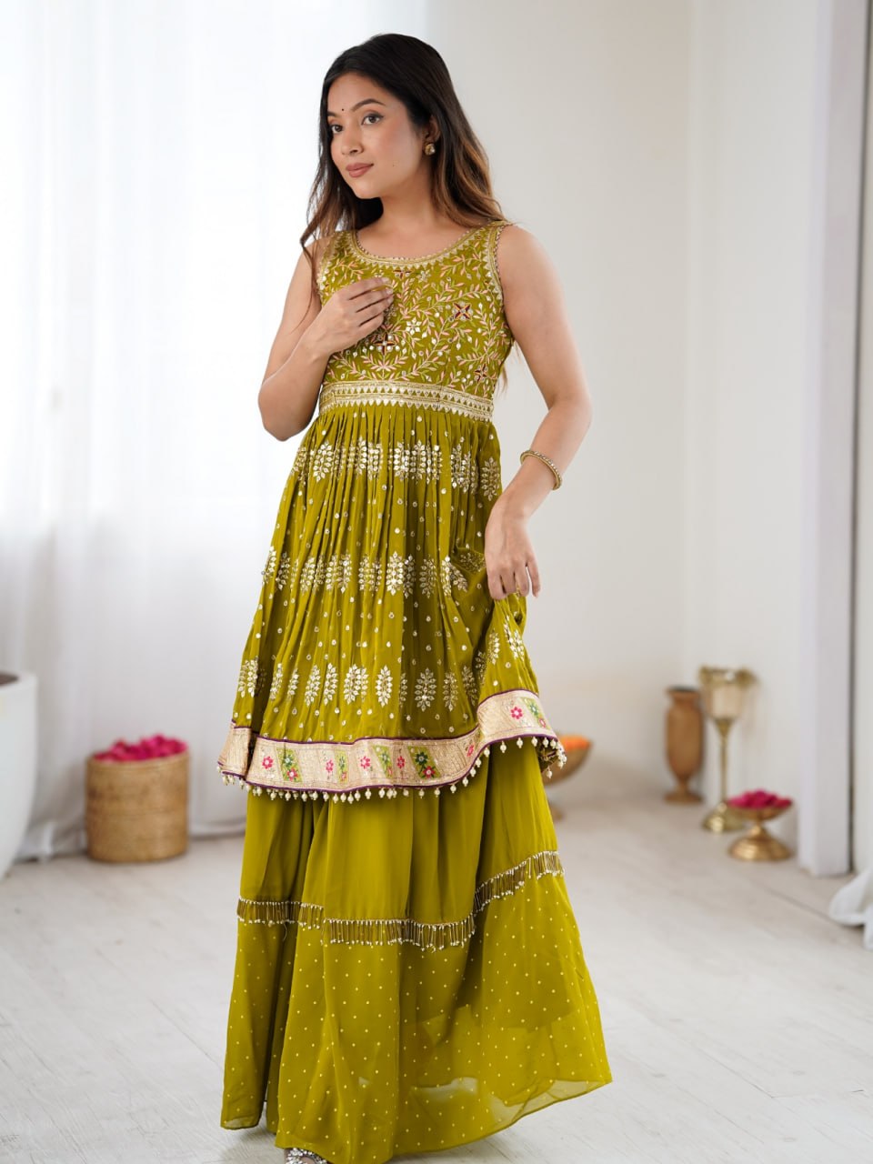 Mustard georgette ethnic set with sequin accents