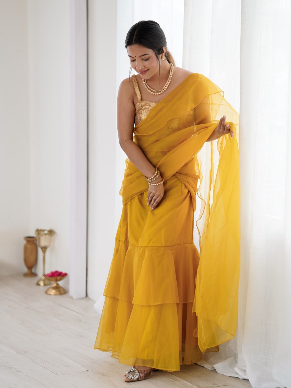 Pre-stitched mustard yellow organza saree for women