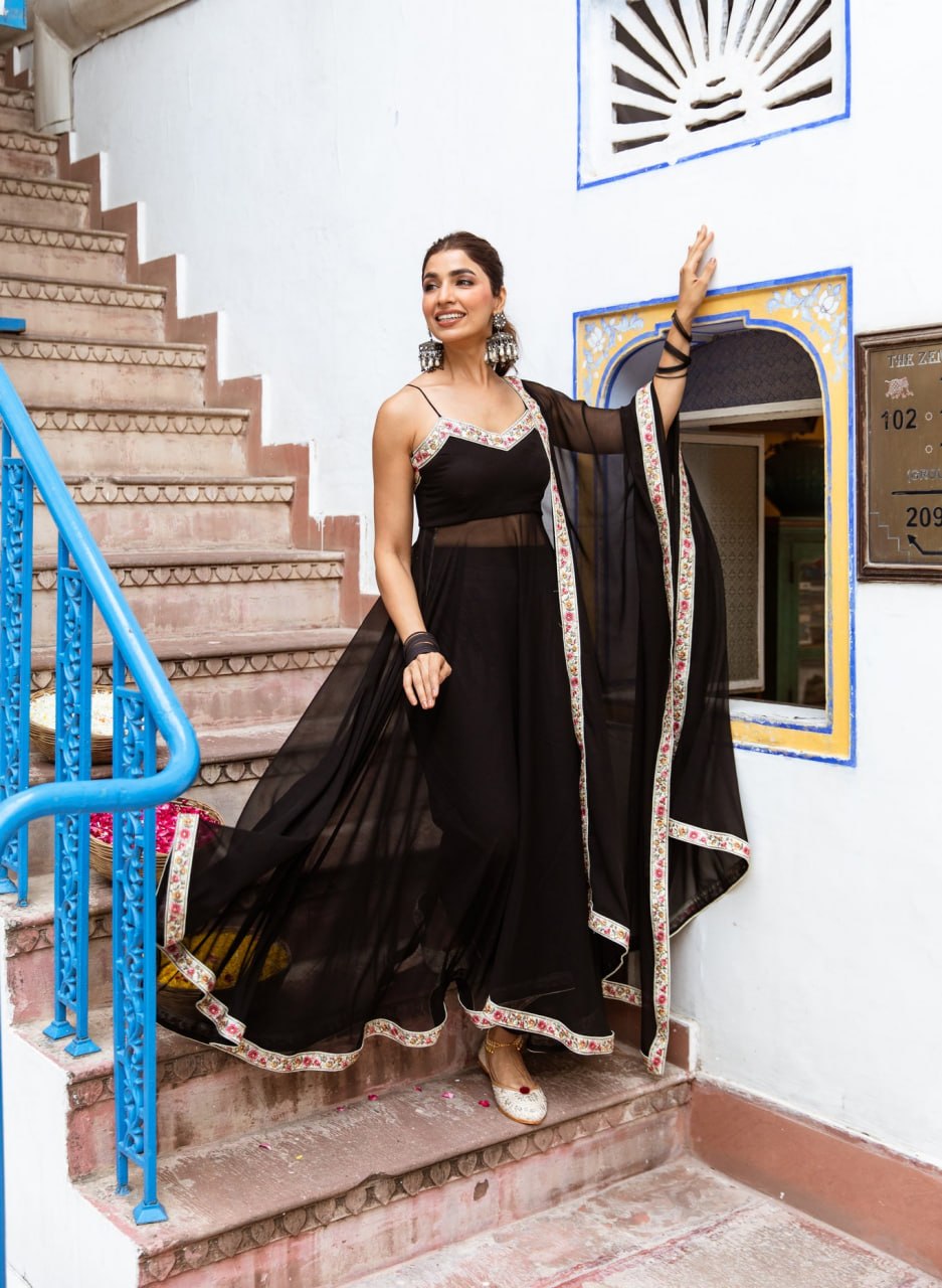 Black Embellished Georgette Flared Kurta Set with Dupatta