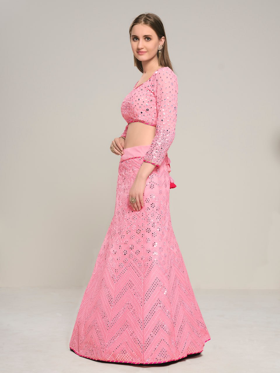 Baby Pink Embroidered Georgette Lehenga Choli Set with Dupatta