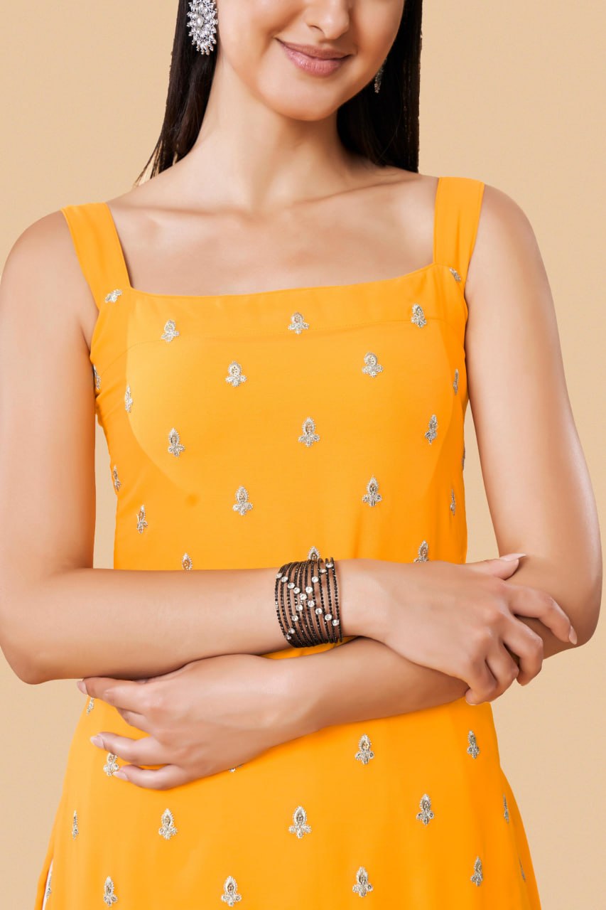 Yellow Embroidered Georgette Straight Kurta Palazzo Set with Dupatta