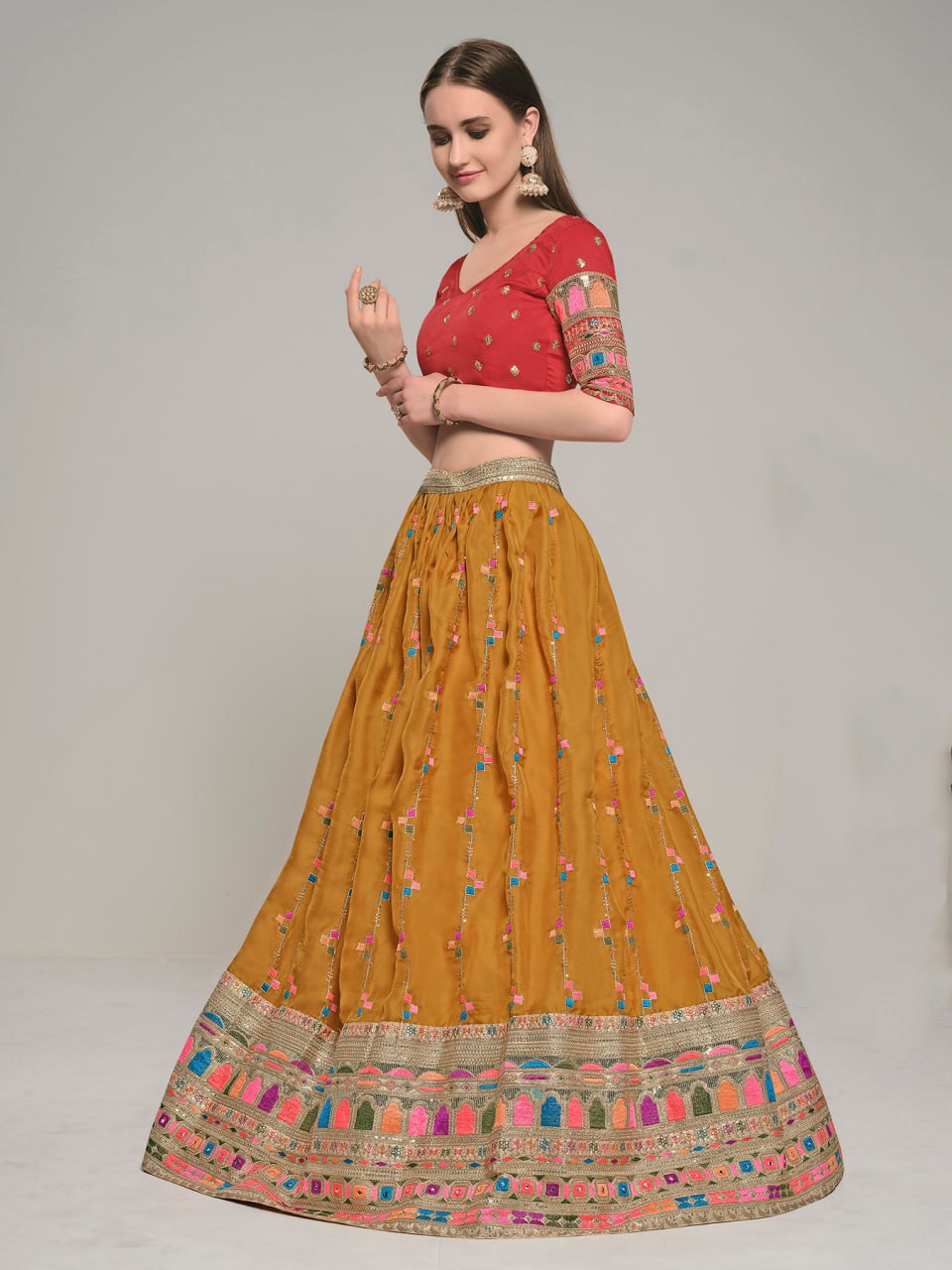Mustard Embroidered Crepe Lehenga Choli Set with Dupatta
