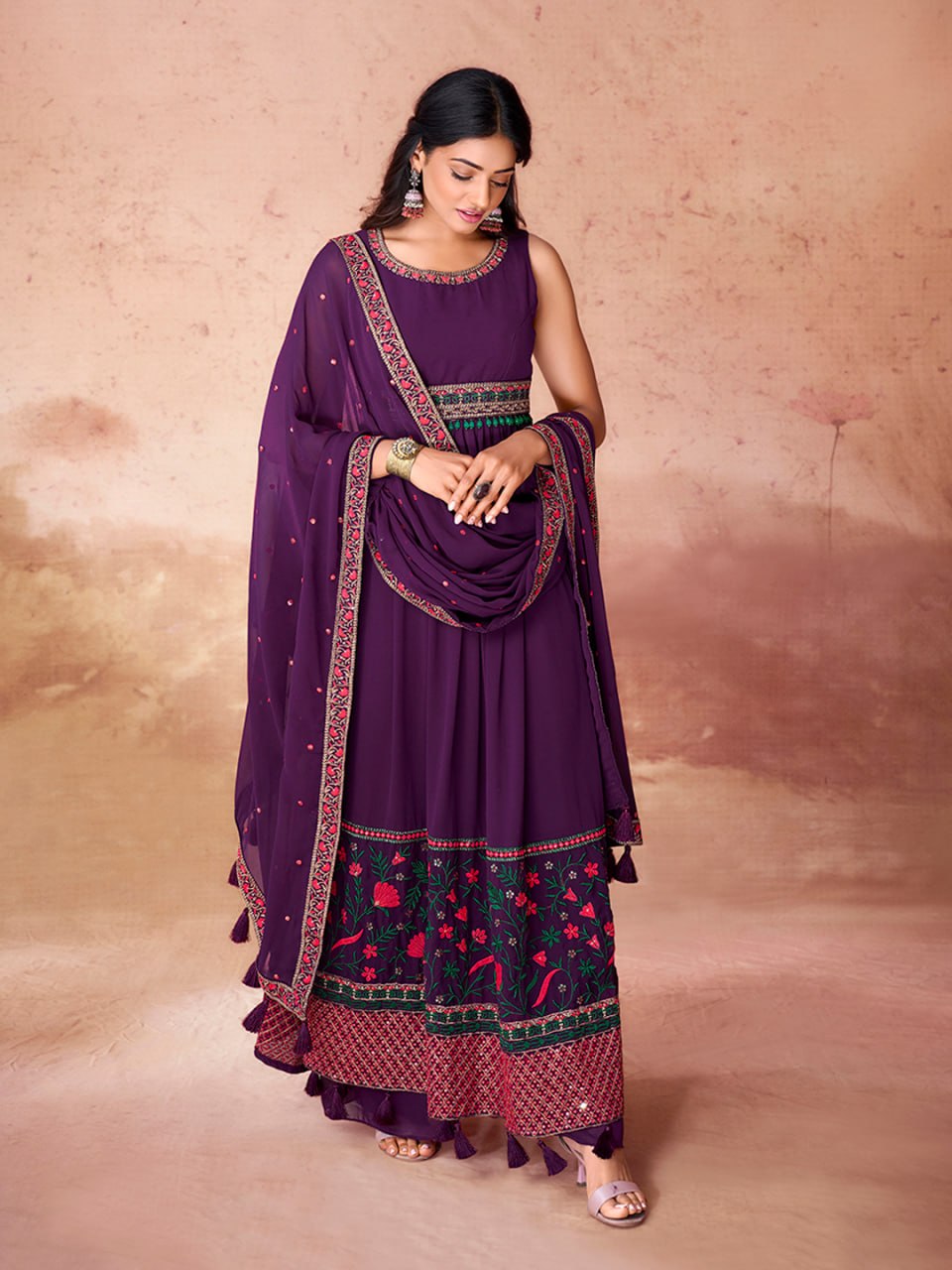 Deep Purple Embroidered Georgette Anarkali Kurta Set with Dupatta
