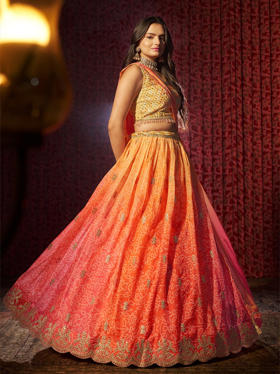 Orange Embroidered Organza Lehenga Choli Set with Pink Dupatta