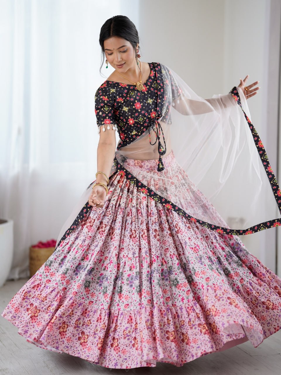 Multicolour Floral Rayon Semi-Stitched Lehenga Choli Set